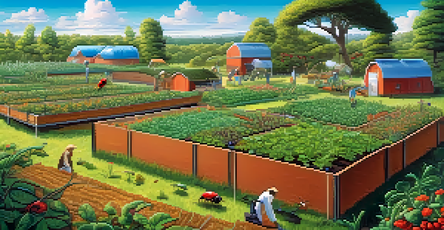 An organic farm with diverse hallucinogenic plants and sustainable practices, under a bright blue sky.