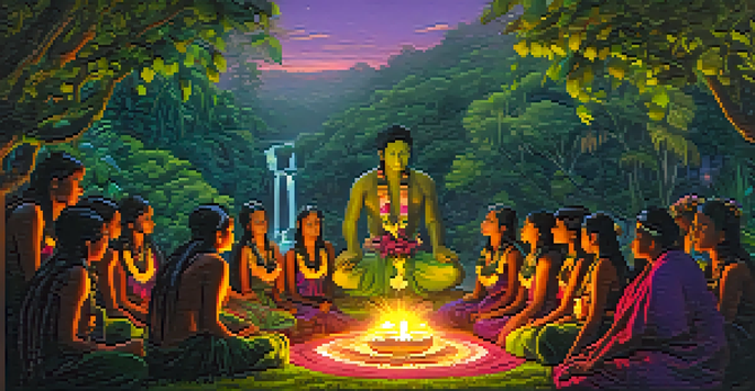 A group of Indigenous people participating in a ceremonial ritual in the Amazon rainforest at twilight, surrounded by lush greenery and colorful flowers, with soft lantern light illuminating their faces.