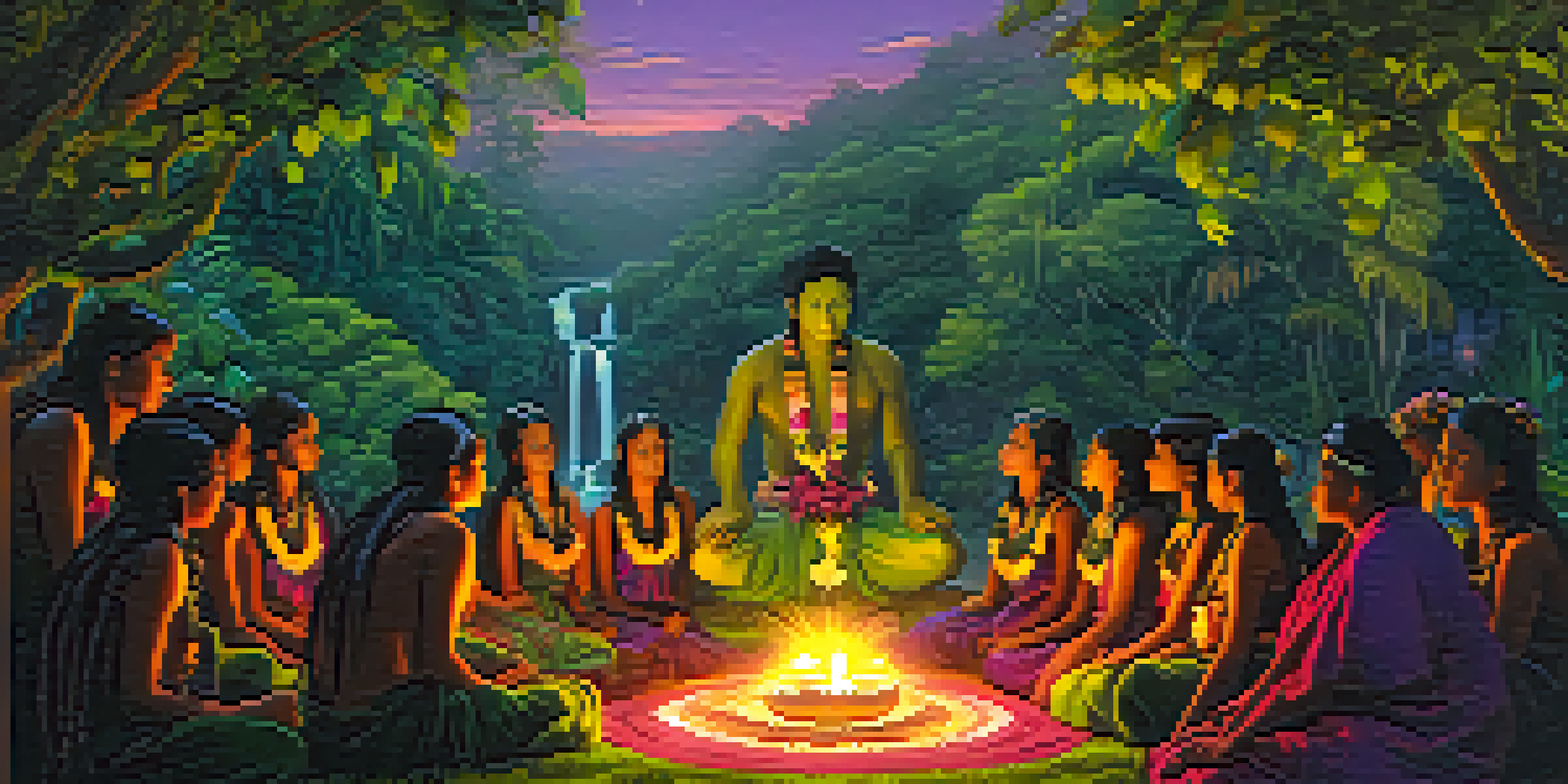 A group of Indigenous people participating in a ceremonial ritual in the Amazon rainforest at twilight, surrounded by lush greenery and colorful flowers, with soft lantern light illuminating their faces.