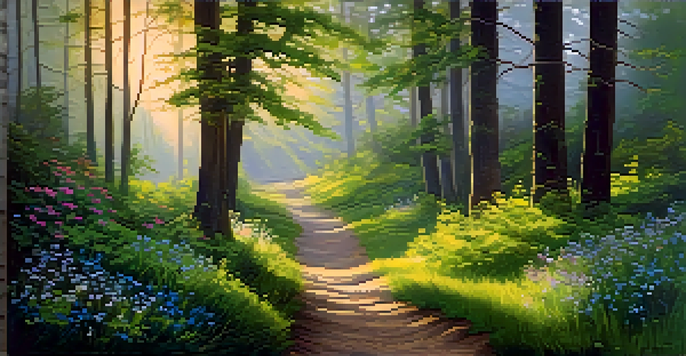 A tranquil forest at dawn with sunlight shining through trees, a winding path, and colorful wildflowers.