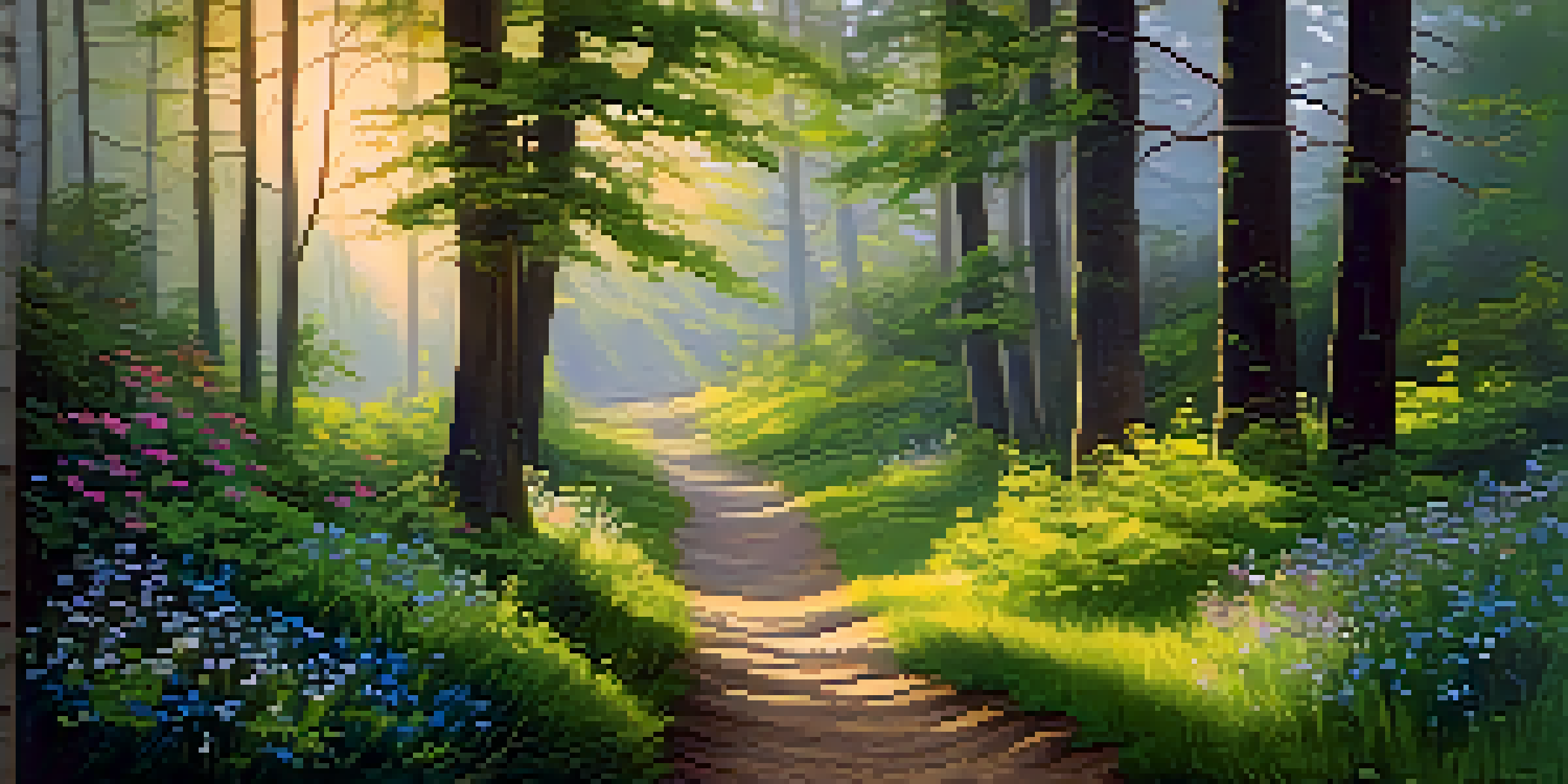 A tranquil forest at dawn with sunlight shining through trees, a winding path, and colorful wildflowers.