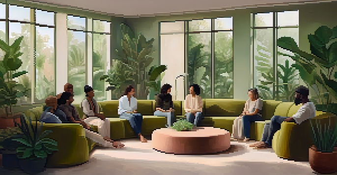 A peaceful group therapy session with participants seated in a circle, sharing emotions in a cozy room with plants and warm lighting.