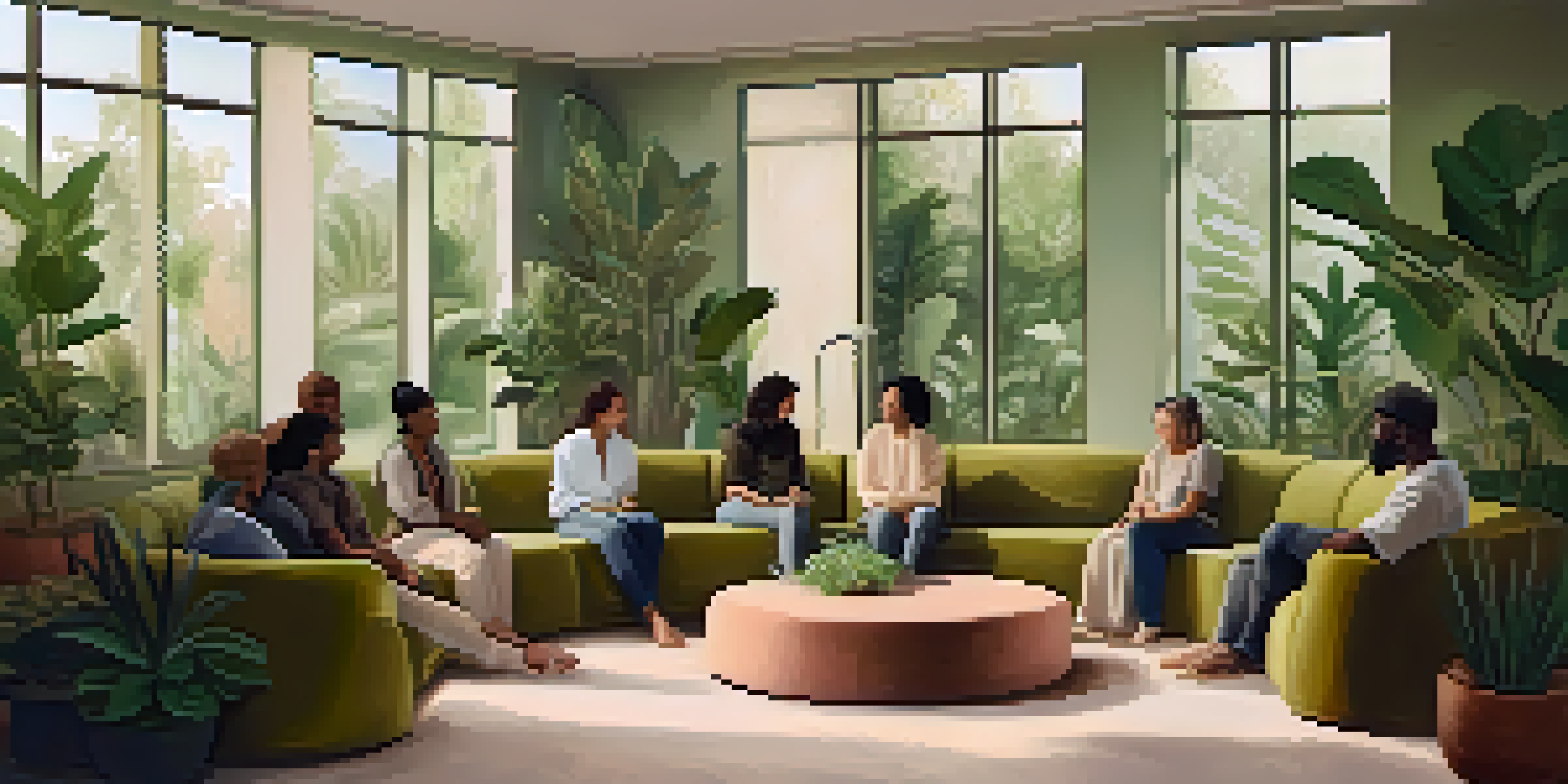 A peaceful group therapy session with participants seated in a circle, sharing emotions in a cozy room with plants and warm lighting.
