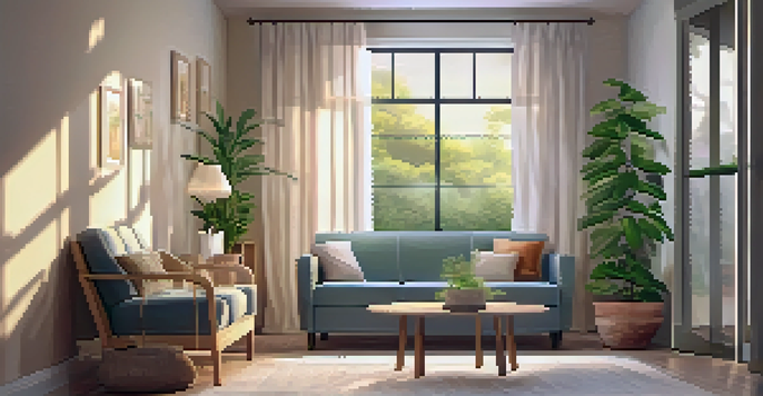 A peaceful therapy room with soft lighting, a comfortable couch, calming artwork, and plants, creating a serene environment.