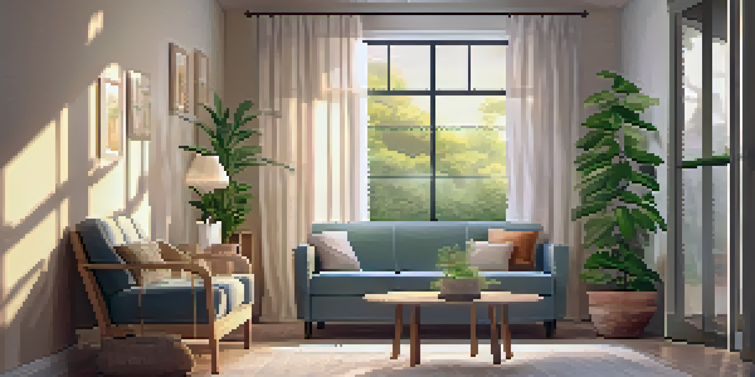 A peaceful therapy room with soft lighting, a comfortable couch, calming artwork, and plants, creating a serene environment.