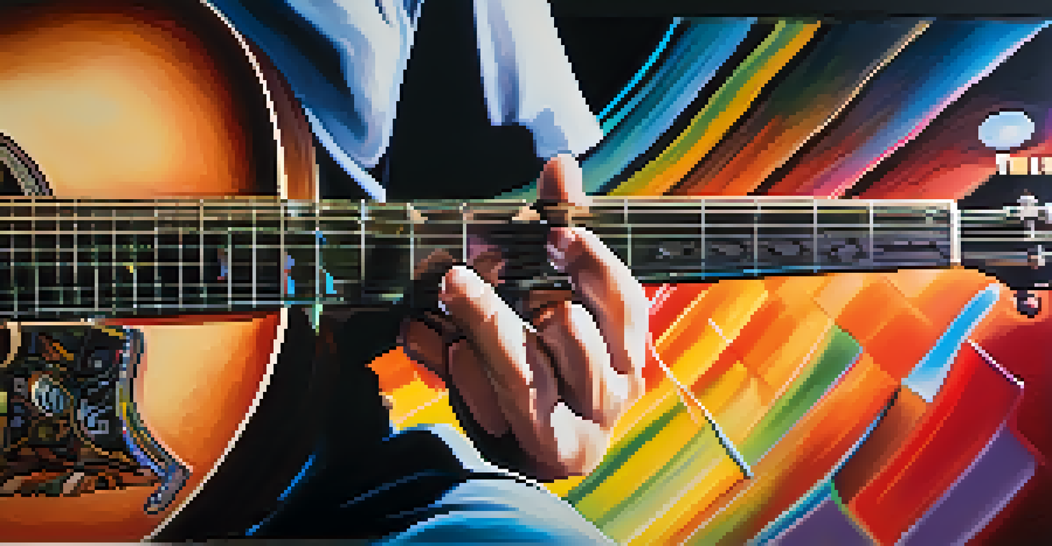 A close-up of a musician playing guitar, with colorful sound waves emerging from the instrument, and warm lighting highlighting the scene.