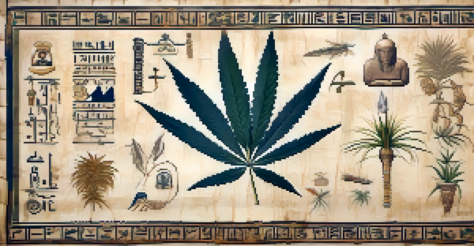 An ancient Egyptian papyrus scroll with illustrations of cannabis plants and hieroglyphics.