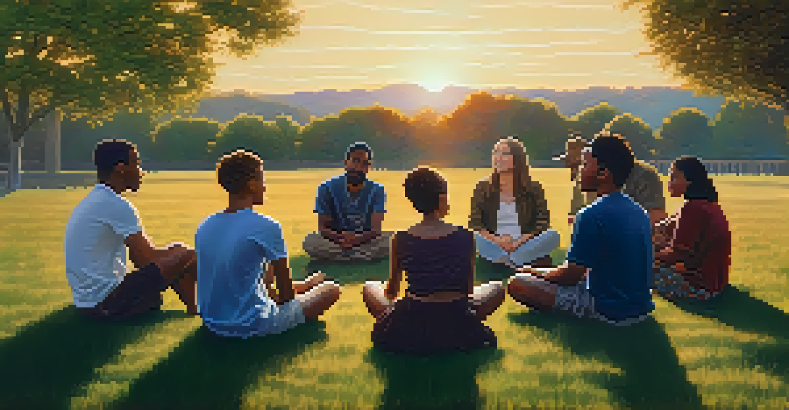 A diverse group of people gathered in a circle on a grassy field during sunset, sharing their experiences in a supportive environment.