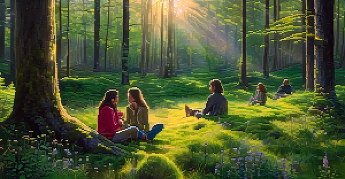 A peaceful forest scene at dawn, featuring people sitting in a circle among trees and flowers, discussing their experiences.