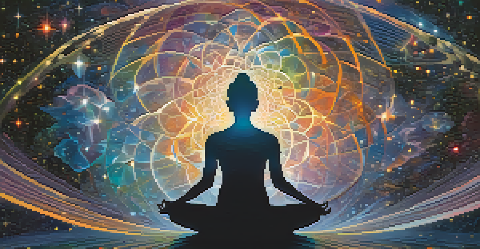 An abstract image of a person meditating, surrounded by colorful fractal patterns and a cosmic background of stars and galaxies.