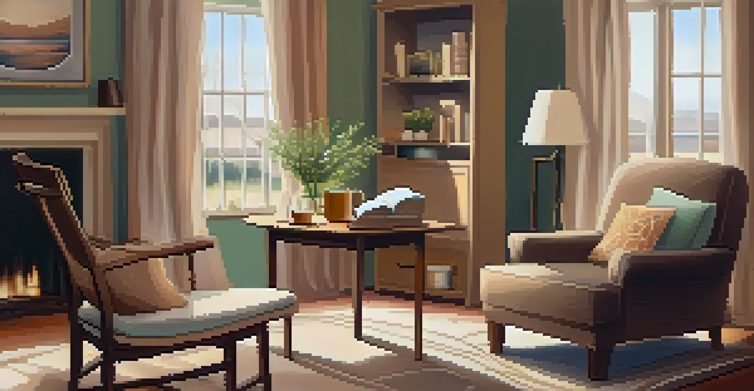 A cozy therapeutic room with an armchair, soft lighting, and a table with a journal and herbal tea.