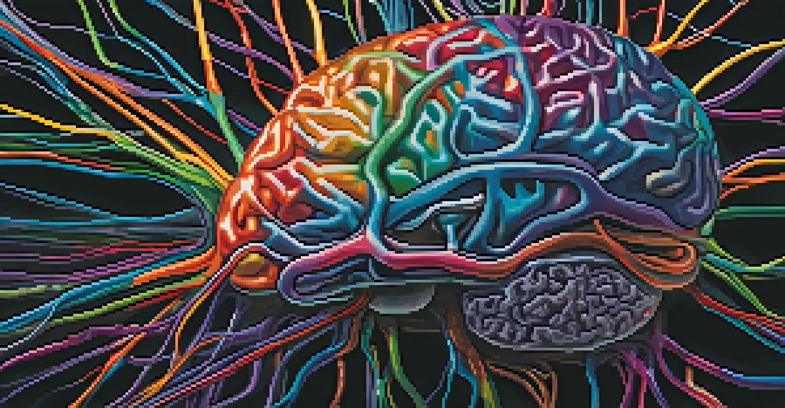 A vibrant close-up of a brain with illuminated neural connections against a dark background.