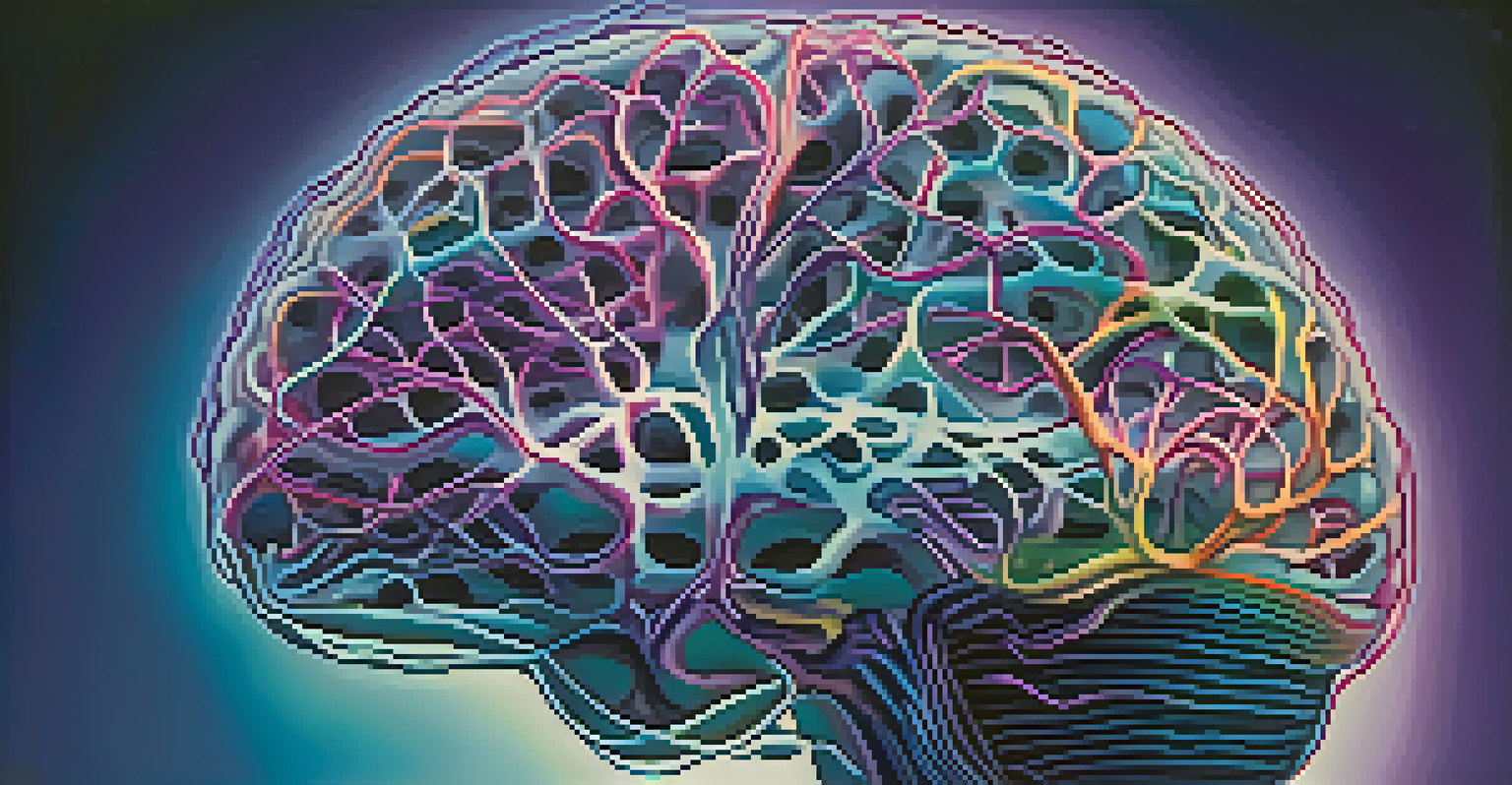 An artistic depiction of a brain with illuminated neural pathways against a dreamlike blue and purple background.