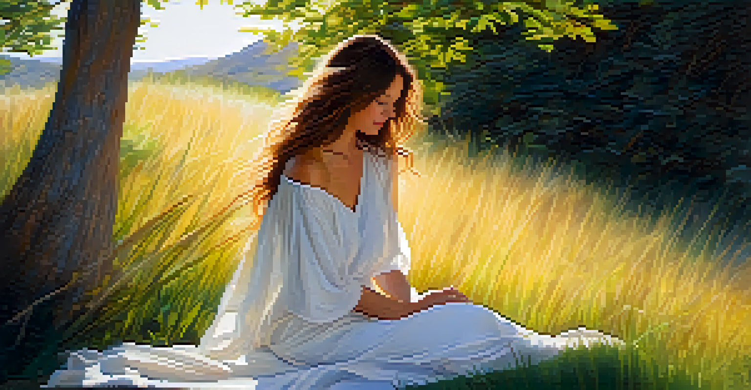 A woman in a white dress sitting in a peaceful hillside, reflecting with closed eyes.