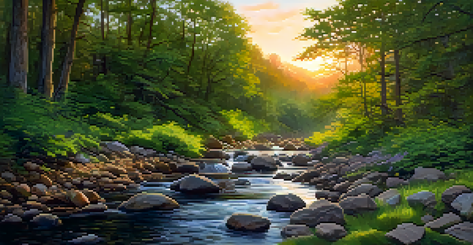 A peaceful forest at sunset with golden light, a clear stream, and blooming wildflowers.
