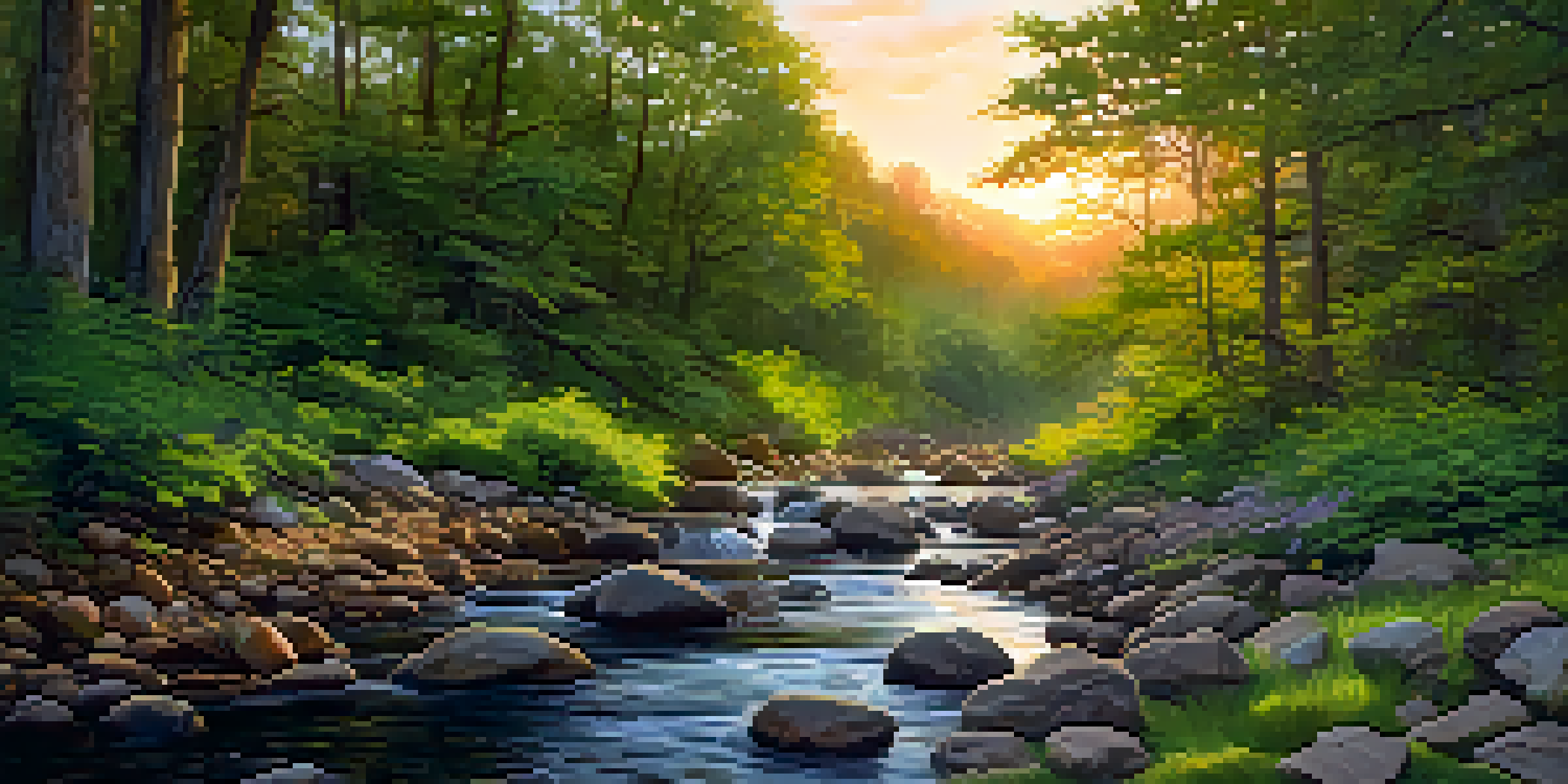 A peaceful forest at sunset with golden light, a clear stream, and blooming wildflowers.