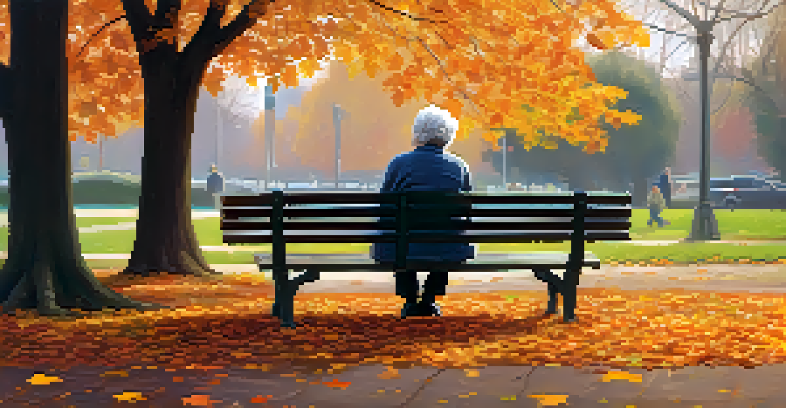 An elderly person on a park bench surrounded by autumn leaves, reflecting thoughtfully.