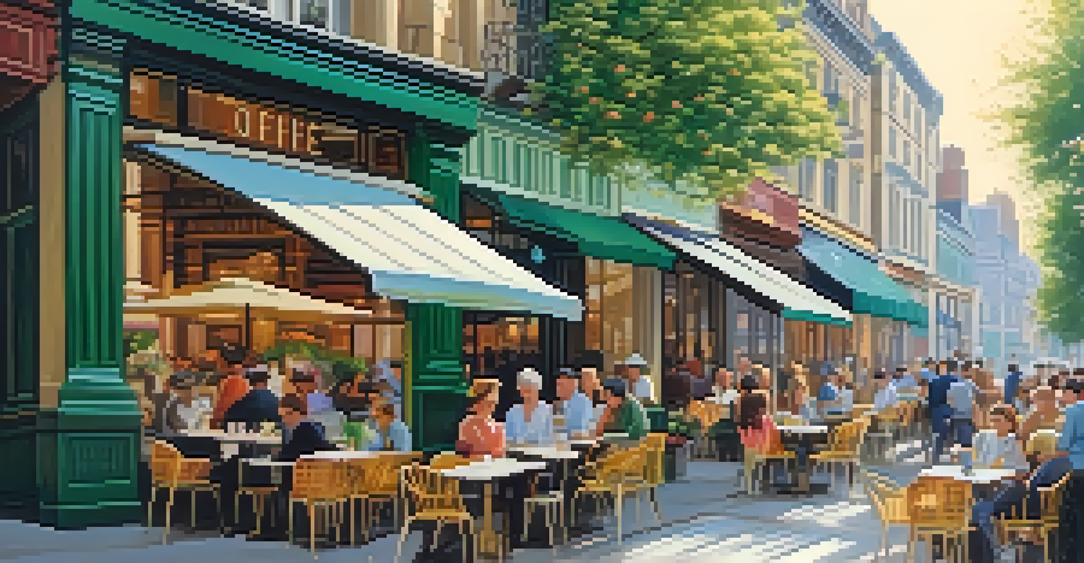 A bustling café terrace in a city, featuring outdoor tables with colorful umbrellas and patrons enjoying coffee amidst blooming flowers.