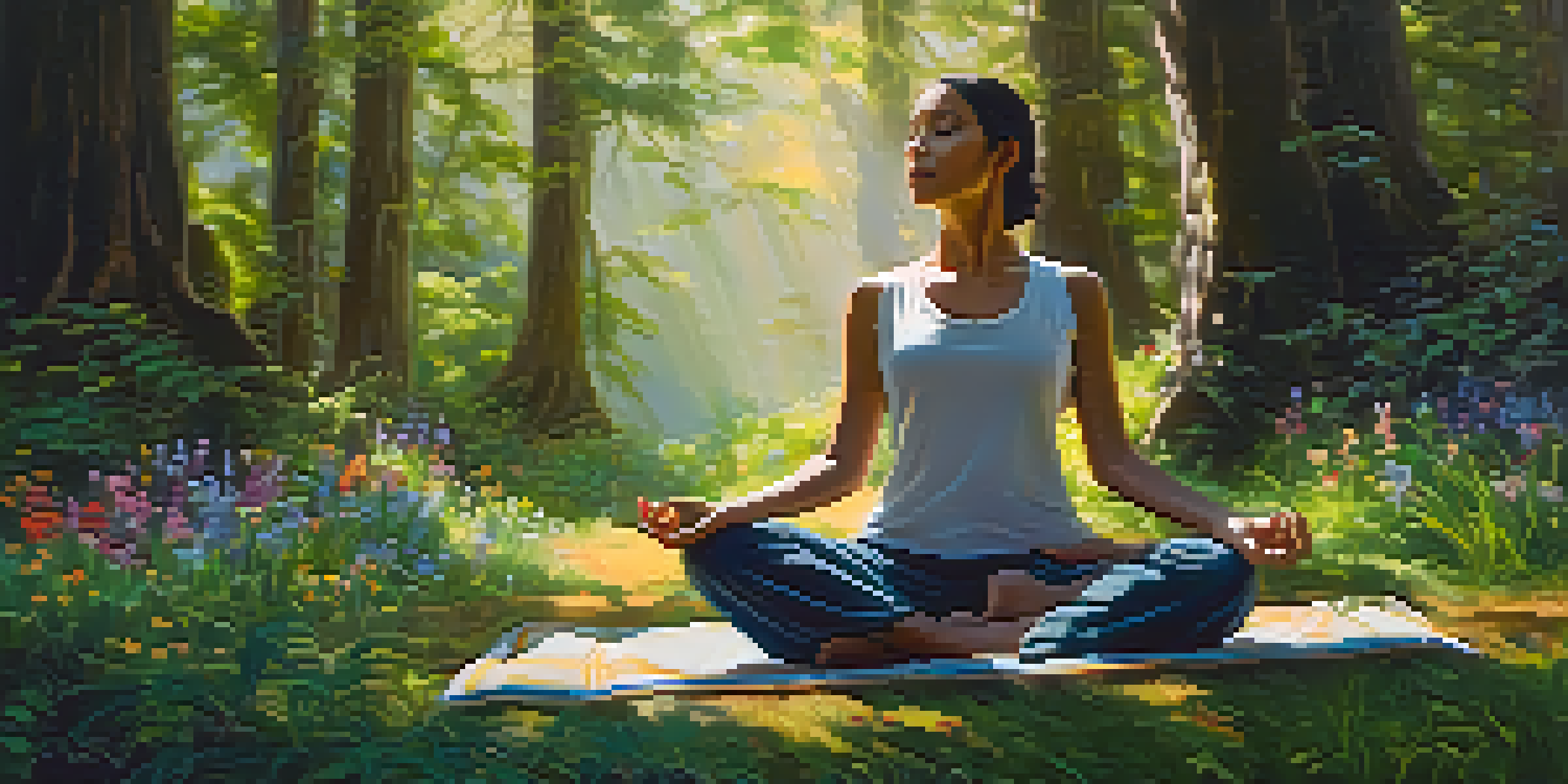A person meditating in a forest, practicing deep breathing with sunlight filtering through the trees.