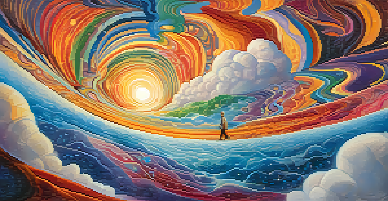 An abstract depiction of a colorful landscape representing a person's mind with swirling patterns and bright horizons.