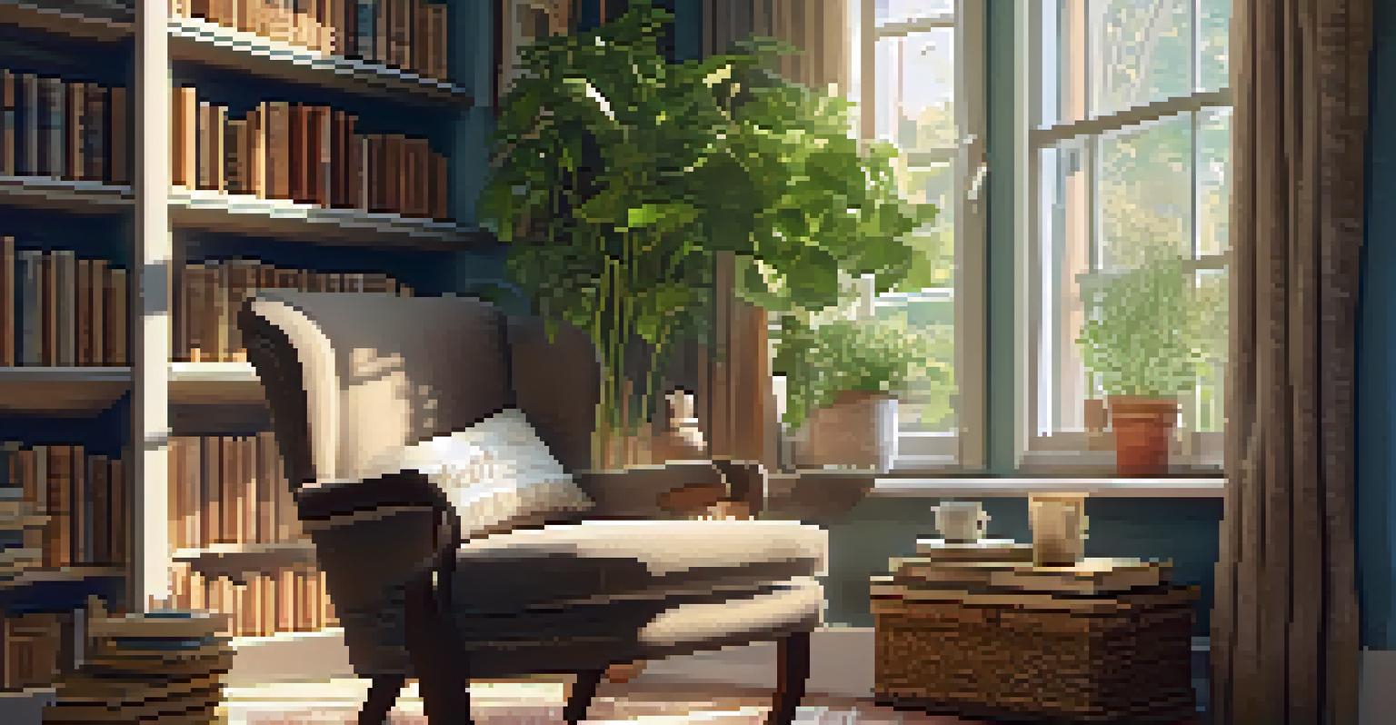 A warm reading nook with a comfy chair, a cup of tea, and books on shelves, bathed in sunlight.