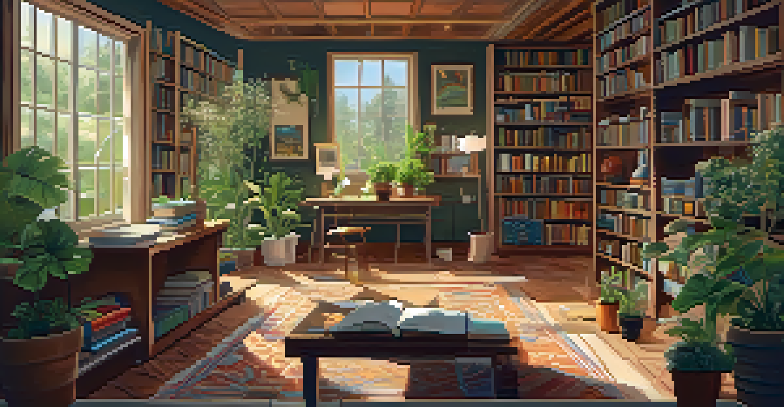 A warm room filled with books and plants, featuring a person writing in a journal, surrounded by nature-inspired artwork.