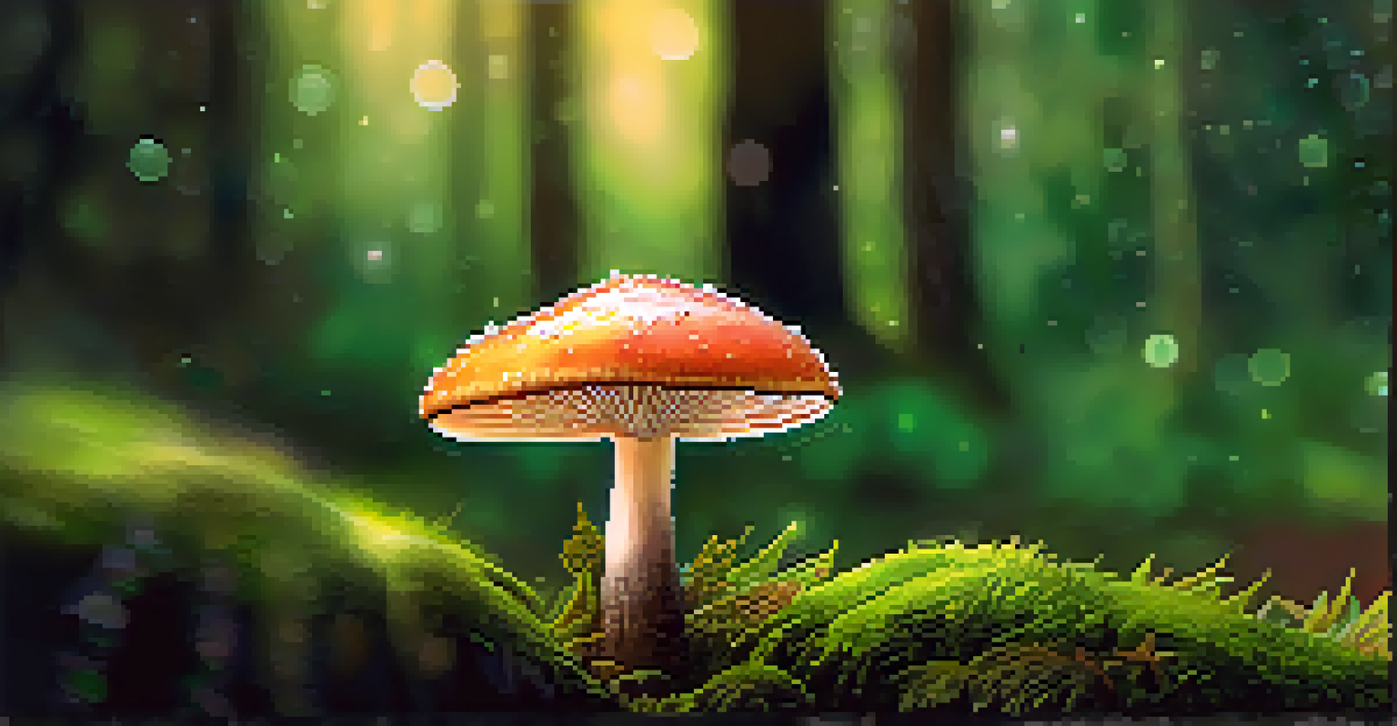 A close-up of a colorful mushroom in a green forest with dew drops, illuminated by soft sunlight.