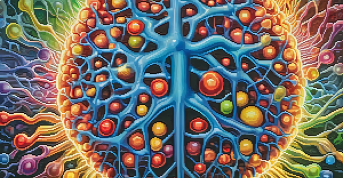 A detailed close-up of a brain with colorful neurotransmitters represented as vibrant orbs, connected by intricate neural pathways.