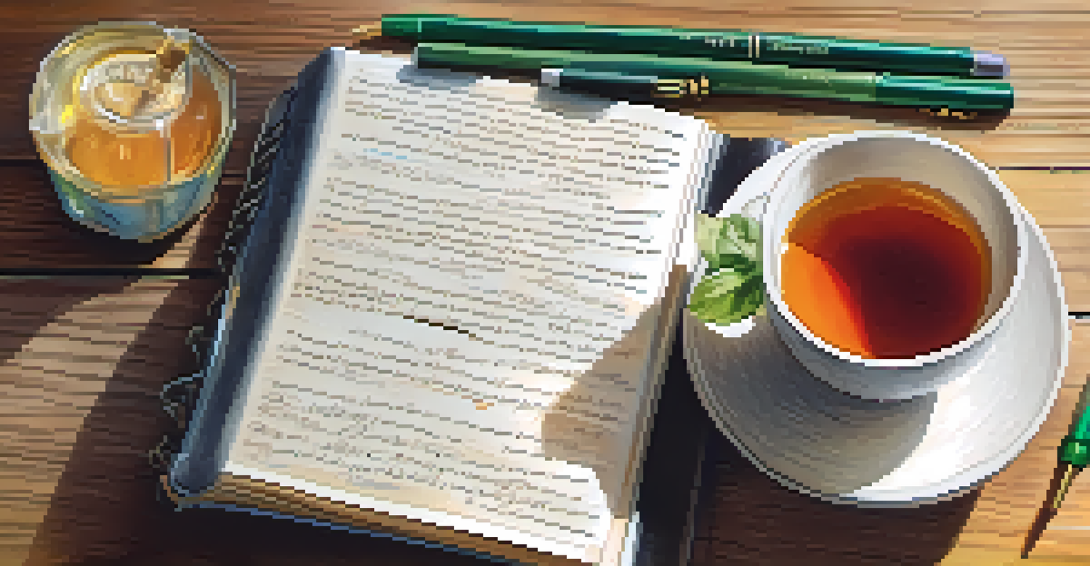 A close-up of an open journal with notes, a cup of tea, and colorful pens on a wooden surface.