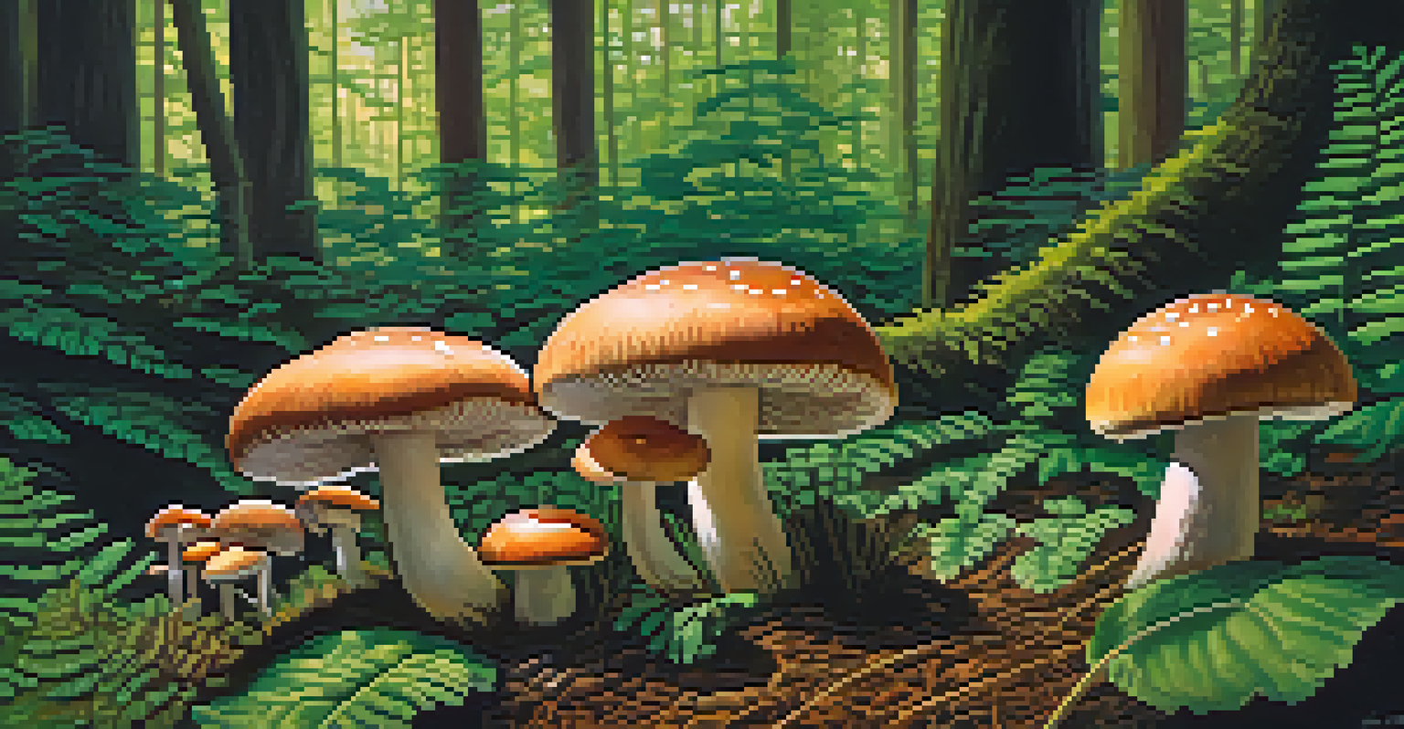 A close-up view of colorful mushrooms in a forest with sunlight filtering through the trees.