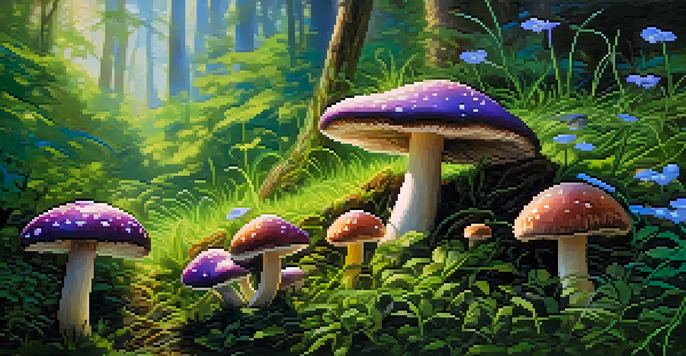 A vibrant field of psilocybin mushrooms surrounded by lush green grass and dappled sunlight filtering through trees.