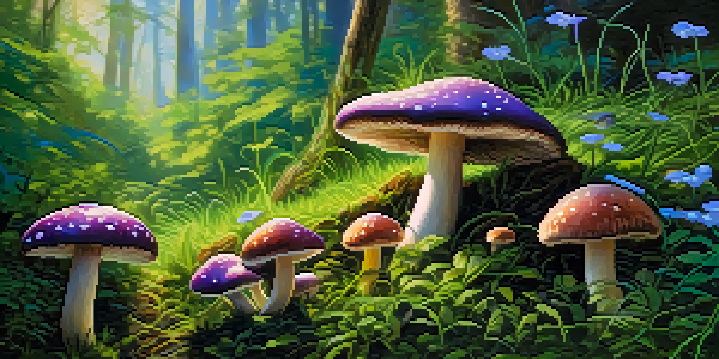 A vibrant field of psilocybin mushrooms surrounded by lush green grass and dappled sunlight filtering through trees.