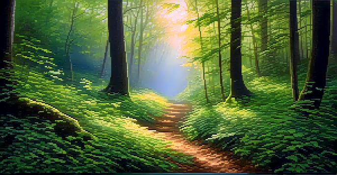 A tranquil forest at dawn with sunlight filtering through trees and a misty path leading into the woods.