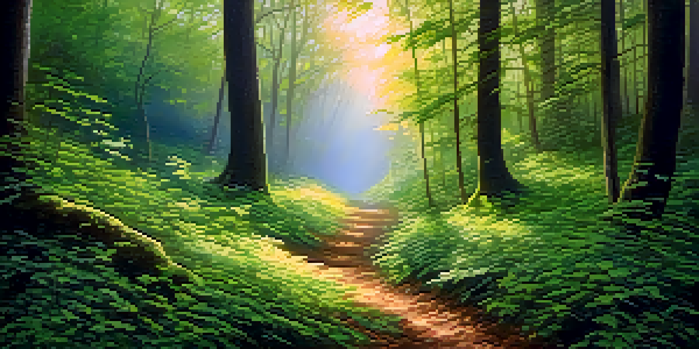 A tranquil forest at dawn with sunlight filtering through trees and a misty path leading into the woods.