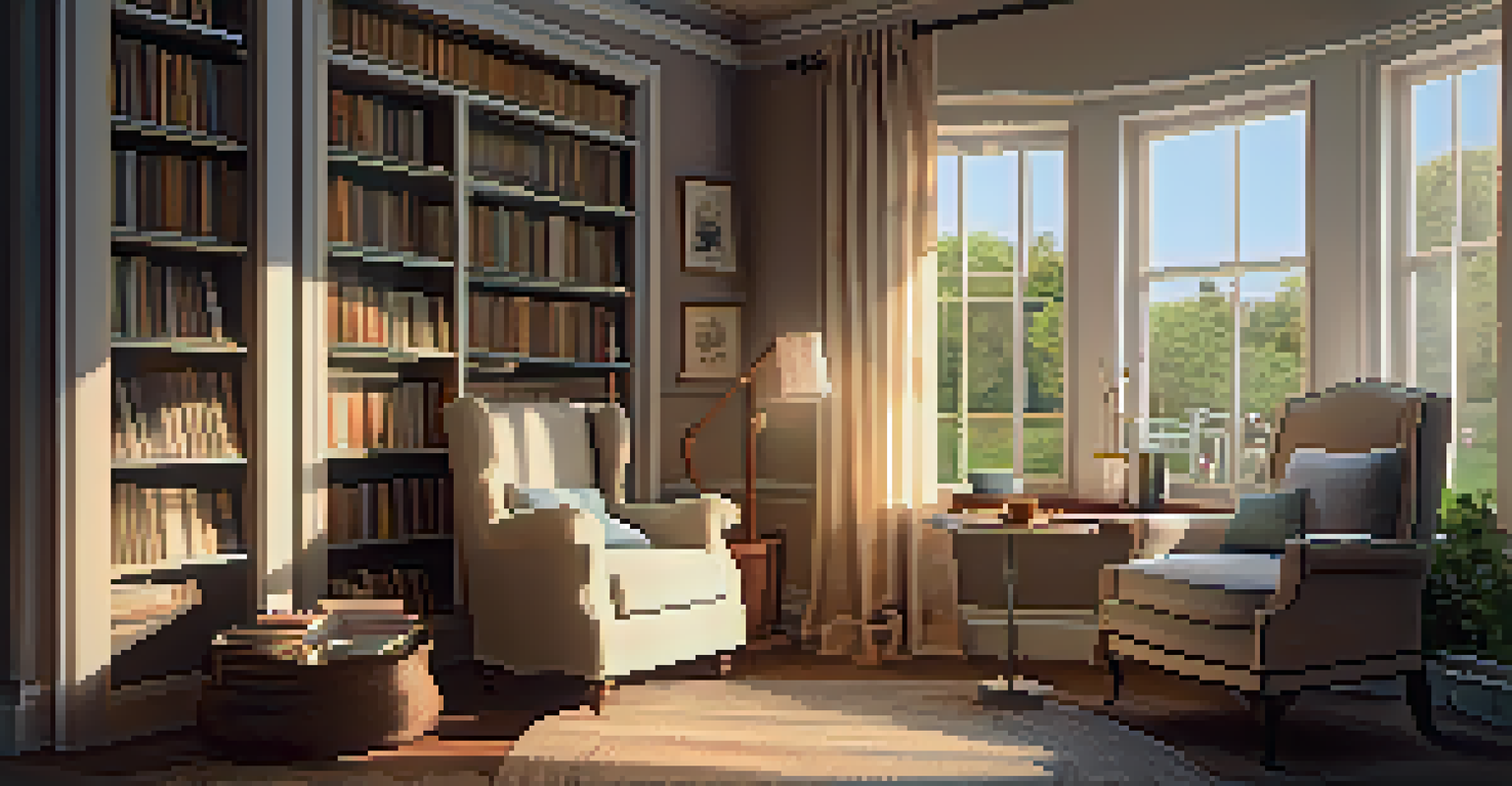 A cozy reading nook featuring an armchair, bookshelves, and a warm lamp, creating a peaceful atmosphere.