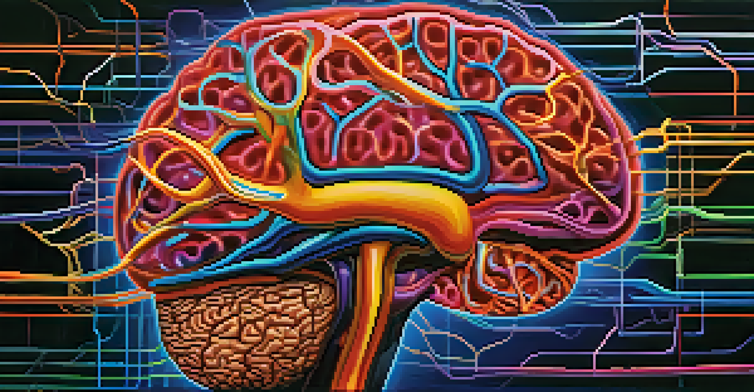 A creative illustration of the human brain with colorful neural pathways and hormone molecules against a dark background.
