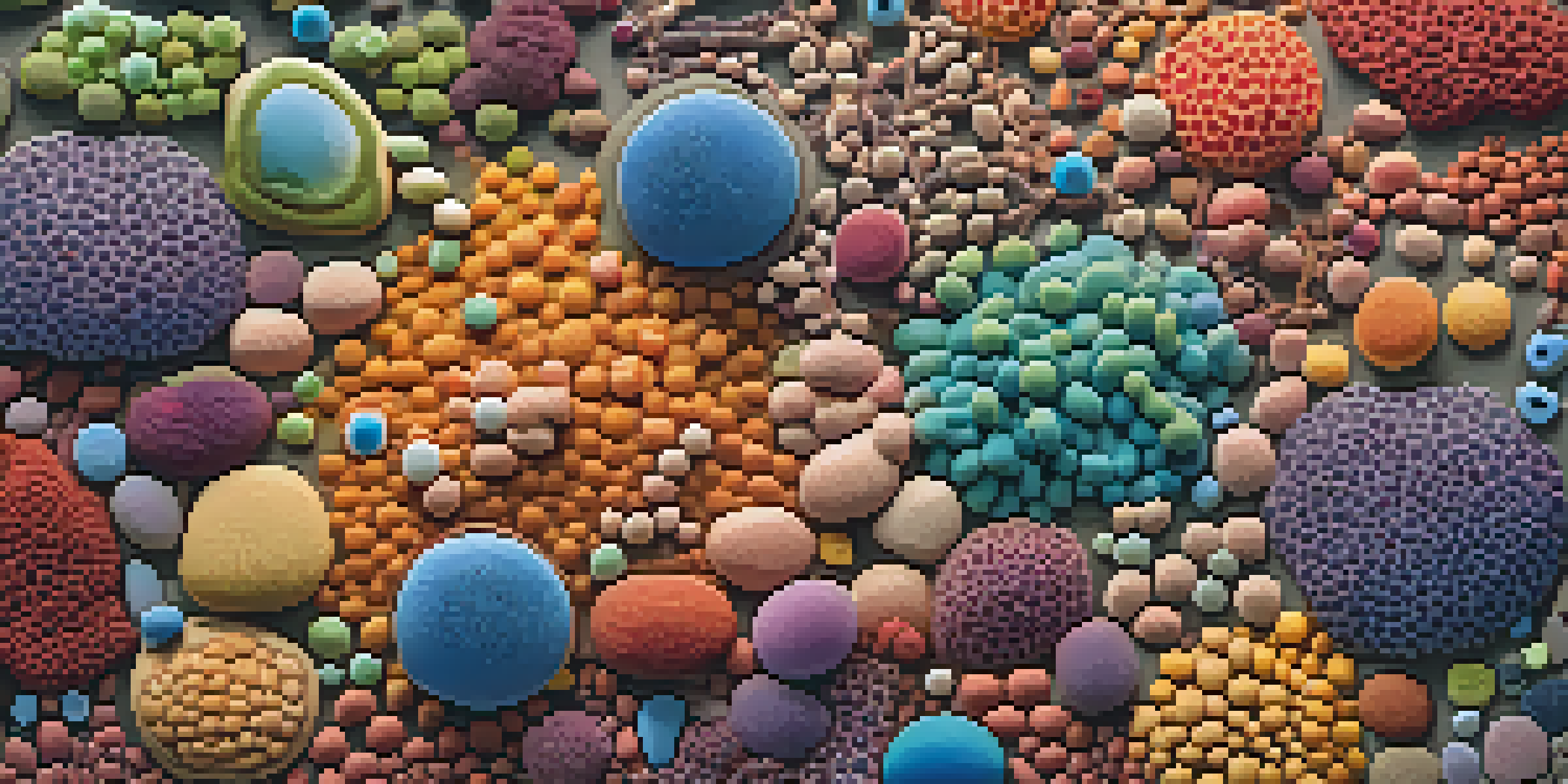 A colorful abstract representation of a healthy microbiome, filled with various microorganisms, illuminated by warm light.