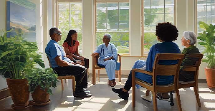 A diverse group of patients discussing their treatment options with a compassionate healthcare provider in a bright and inviting healthcare setting.