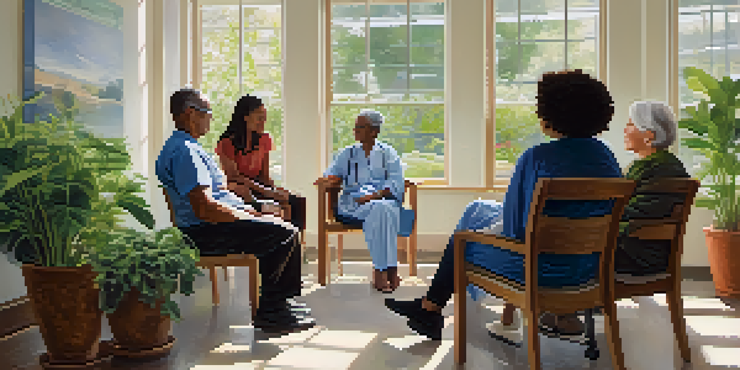 A diverse group of patients discussing their treatment options with a compassionate healthcare provider in a bright and inviting healthcare setting.