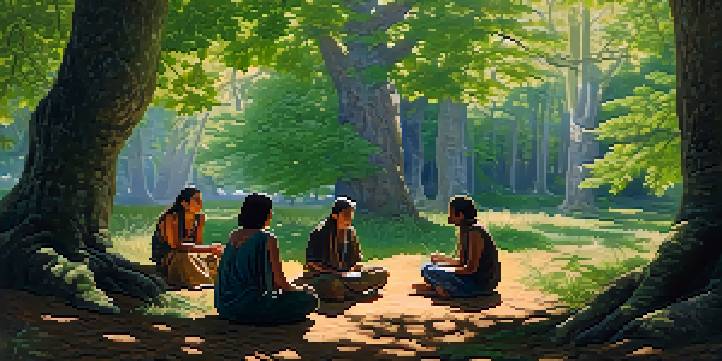 A diverse group of people in a forest, engaged in a discussion surrounded by trees and sunlight.