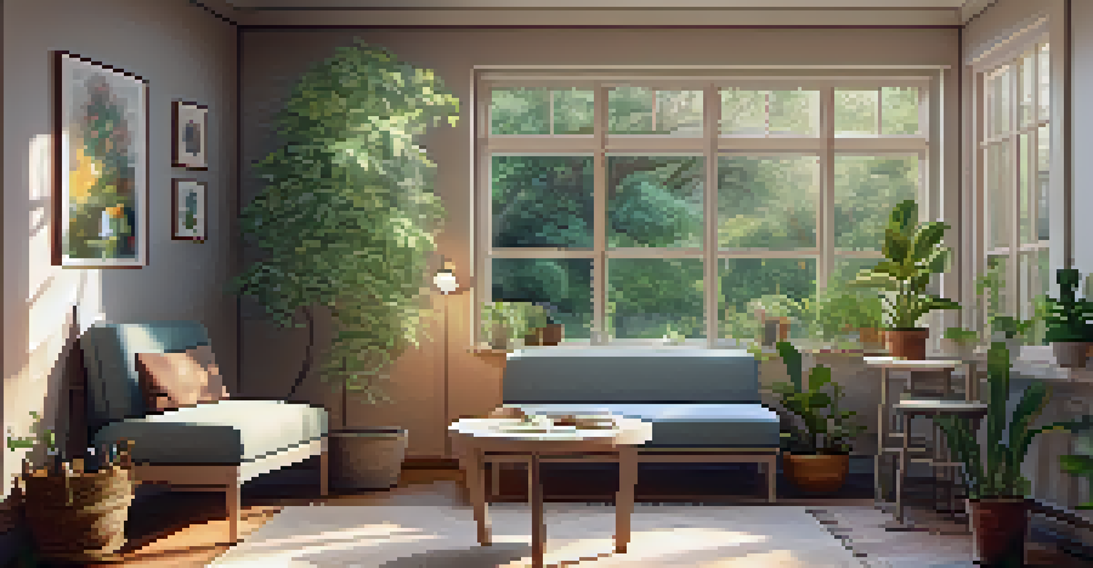 A cozy therapy room with soft lighting, comfortable seating, and a view of a peaceful garden.