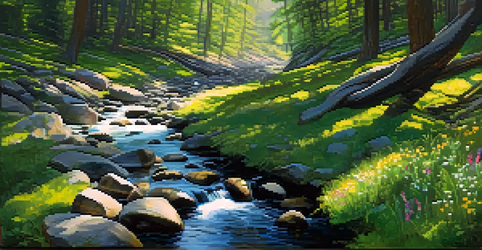 A peaceful forest scene with sunlight filtering through trees, a gentle stream, and colorful wildflowers.