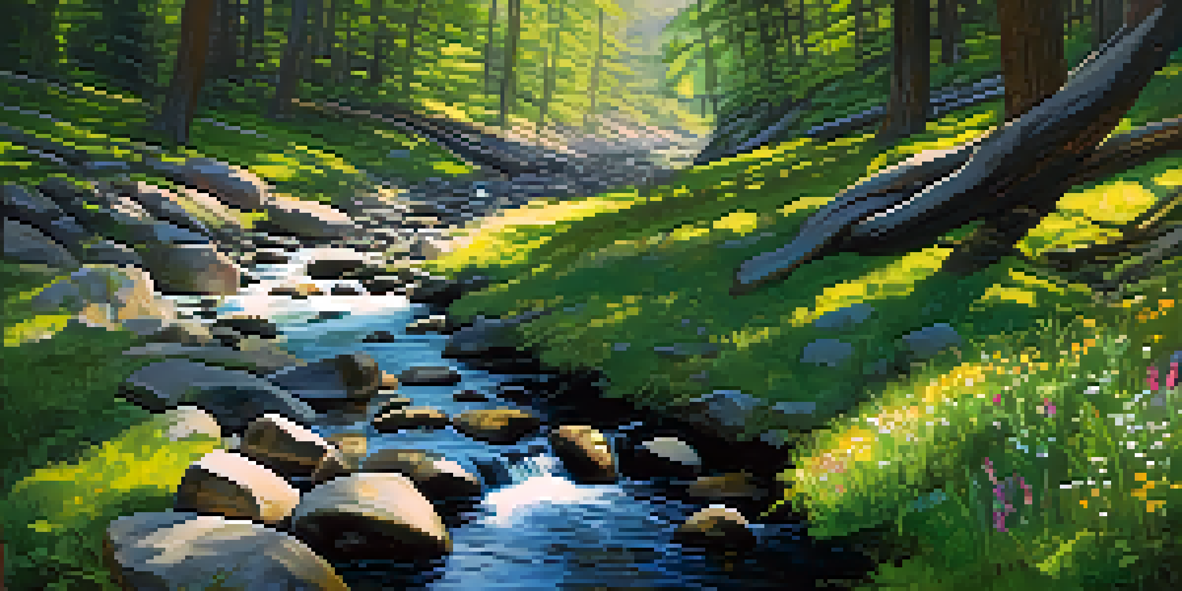 A peaceful forest scene with sunlight filtering through trees, a gentle stream, and colorful wildflowers.