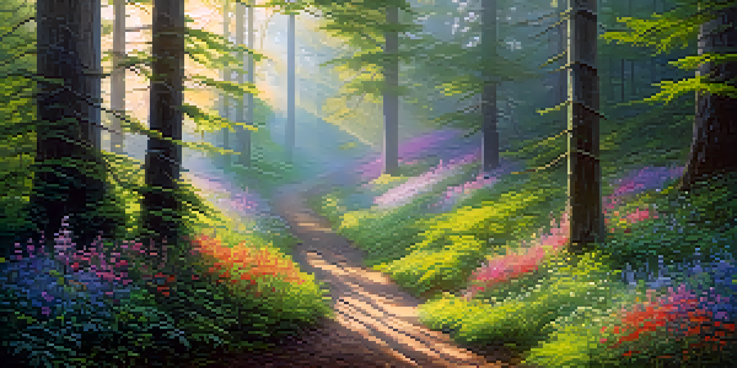 A tranquil forest scene with morning light illuminating colorful wildflowers and a misty path.