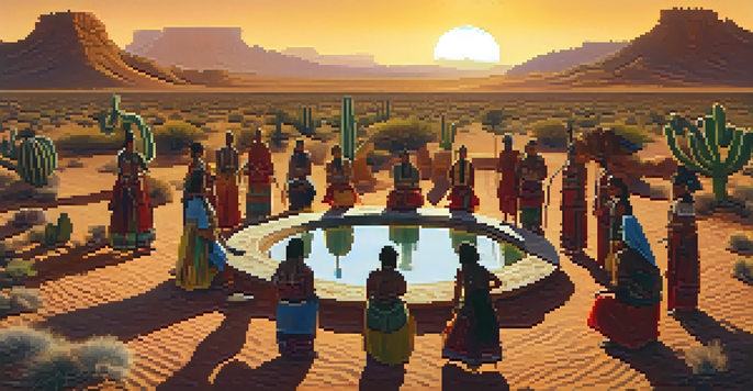 A vibrant scene showing indigenous people in traditional clothing gathered around a peyote cactus in a sunlit desert, creating an atmosphere of spirituality and community.