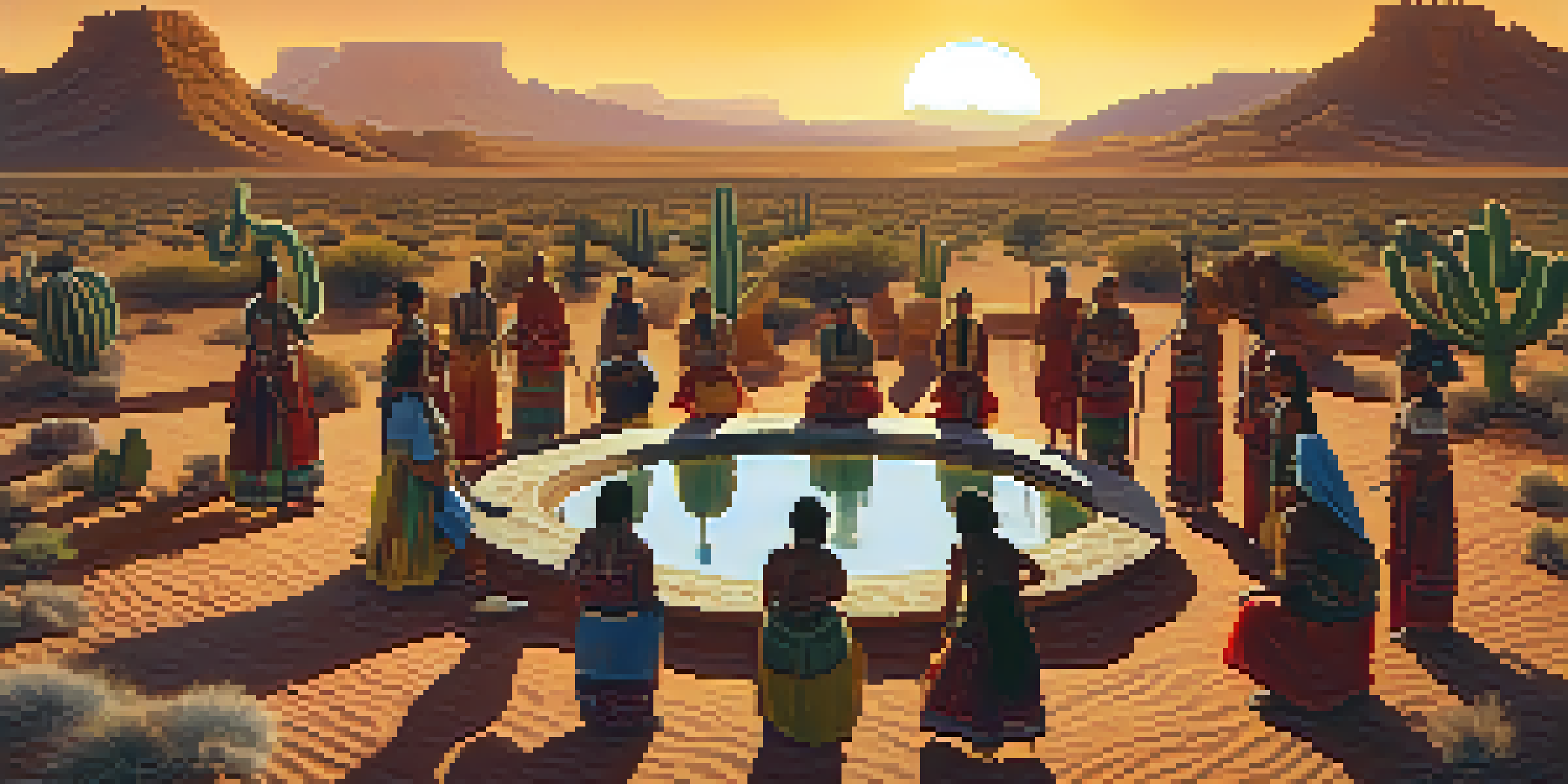 A vibrant scene showing indigenous people in traditional clothing gathered around a peyote cactus in a sunlit desert, creating an atmosphere of spirituality and community.