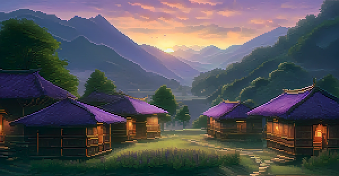 A peaceful ancient Himalayan village at dusk with smoke rising from cannabis rituals, surrounded by mountains and lush greenery.