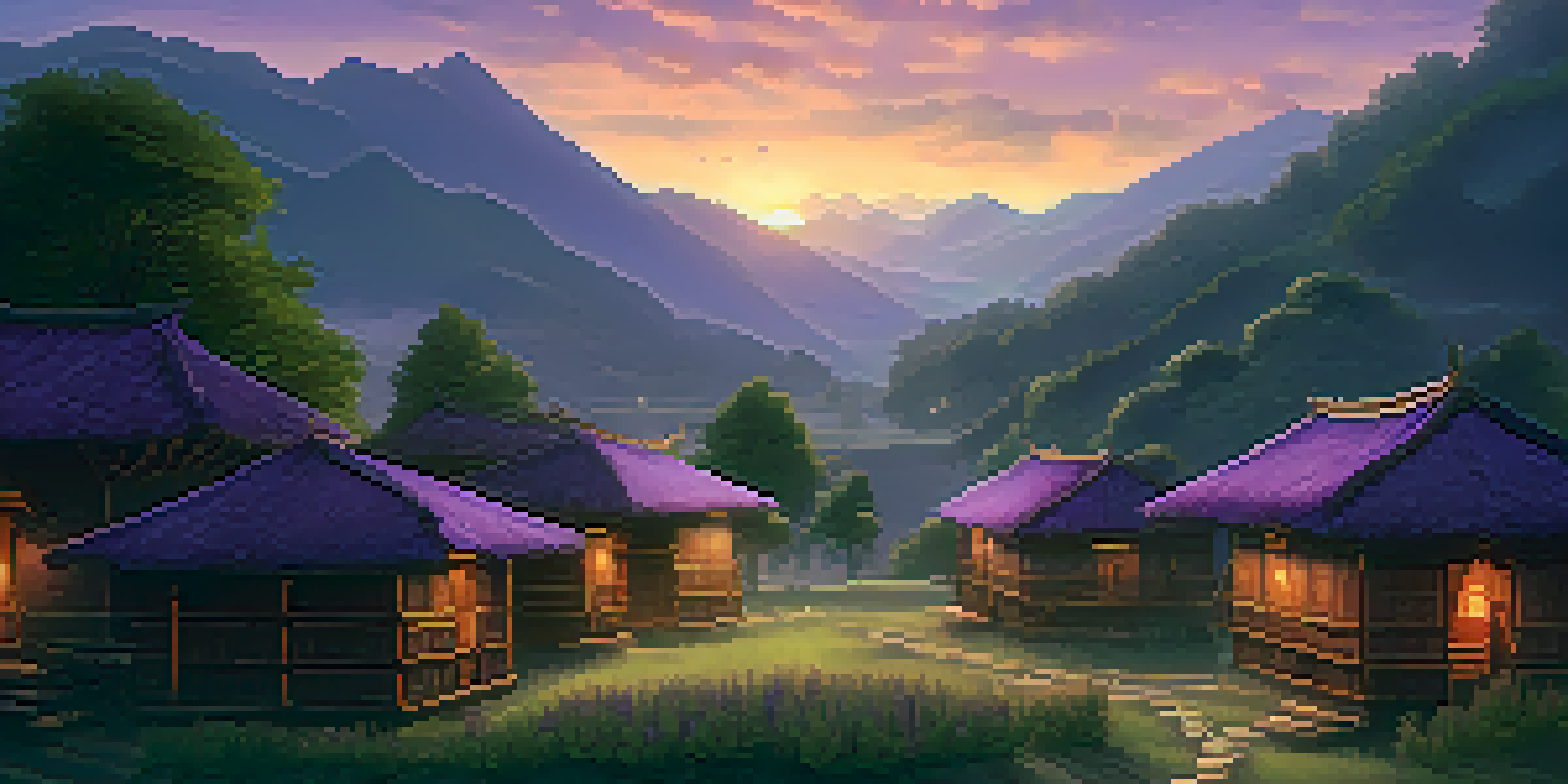 A peaceful ancient Himalayan village at dusk with smoke rising from cannabis rituals, surrounded by mountains and lush greenery.