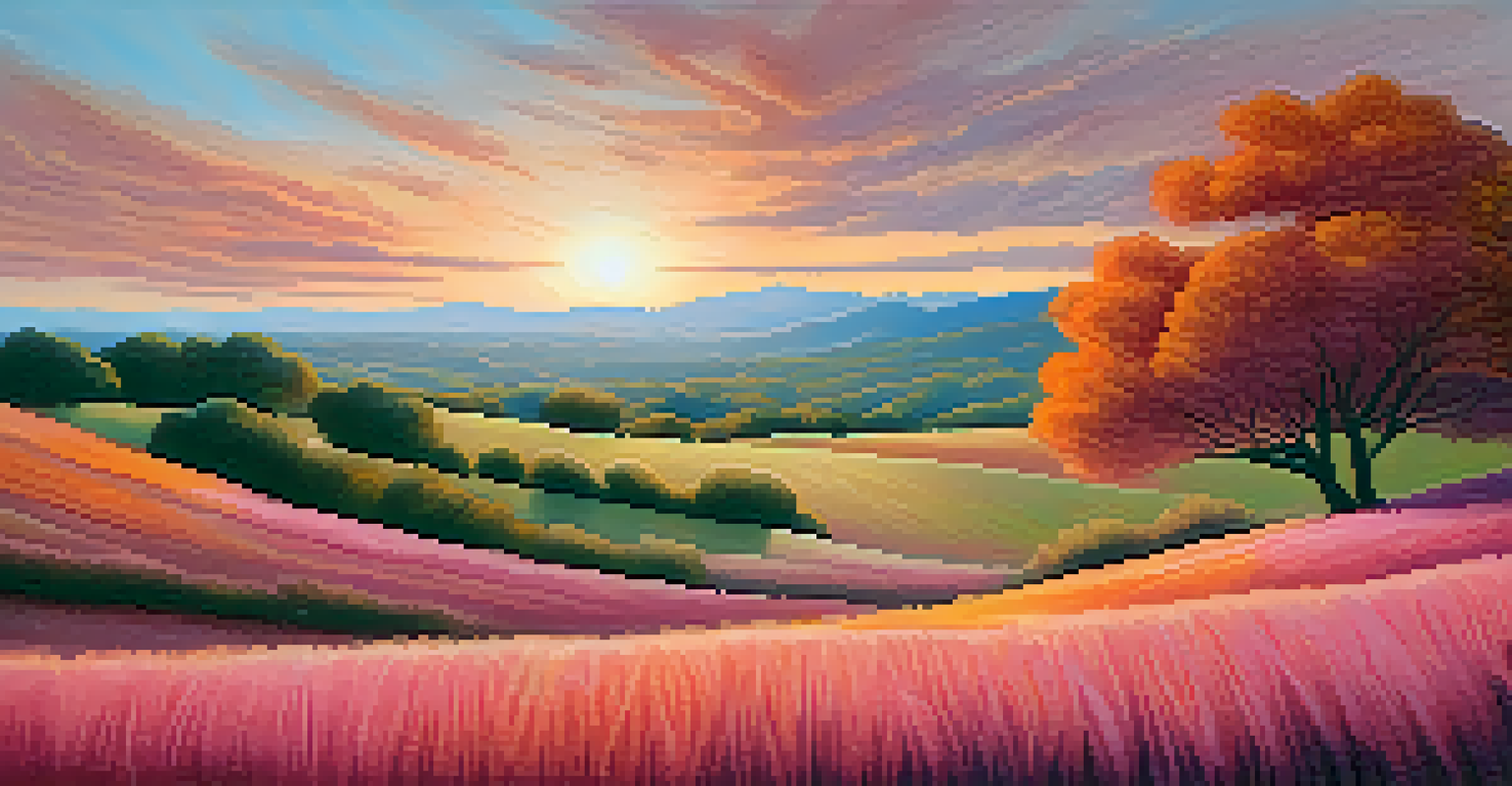 An abstract landscape in warm pink and orange hues, featuring simplified forms of trees and hills under a pastel sky.