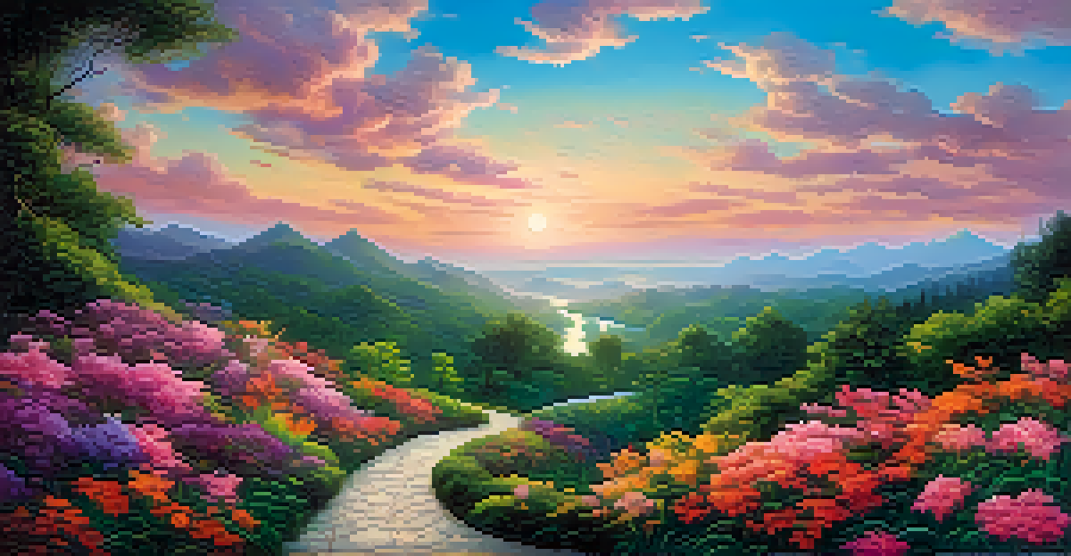 A winding path through a lush forest with vibrant flowers and a surreal sky, symbolizing exploration and introspection.